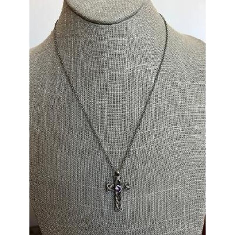 Vintage Silverplated Cross Necklace with Synthetic Amethyst with extender